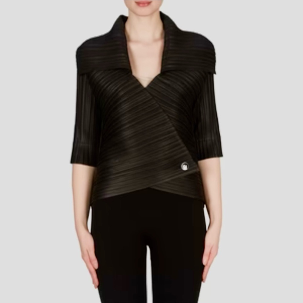 Joseph Ribkoff Pleated Fabric Wrap Jacket Top Relaxed Formal Black Lightweight L